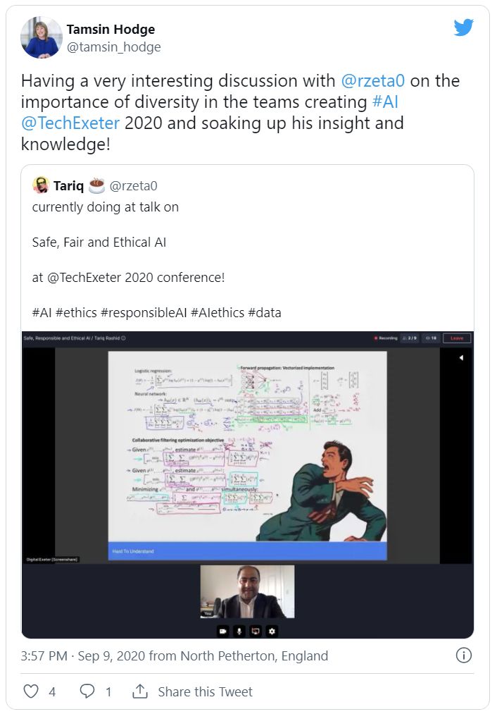 Tweet by Tamsin Hodge picturing a still of a conference call, saying 'Having a very interesting discussion with Tariq on the importance of diversity in AI'